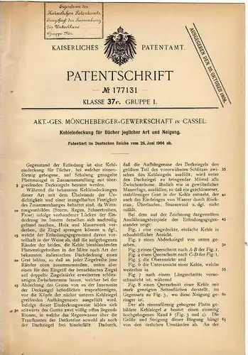 Original Patentschrift - Möncheberger AG in Cassel , 1904 , Kehleindeckung für Dächer , Dach , Dachdecker !!!