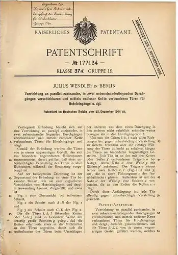 Original Patentschrift - J. Wendler in Berlin , 1904 , Hoteleingang , Hotel , Motel !!!