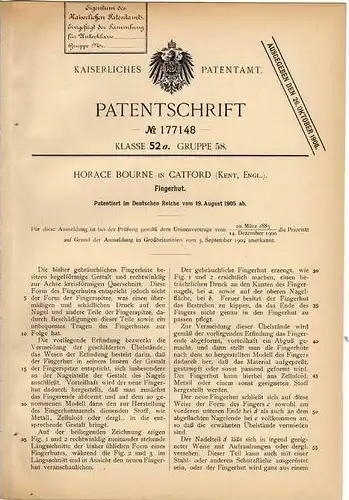 Original Patentschrift - H. Bourne in Catford , England , 1905 , Fingerhut !!!