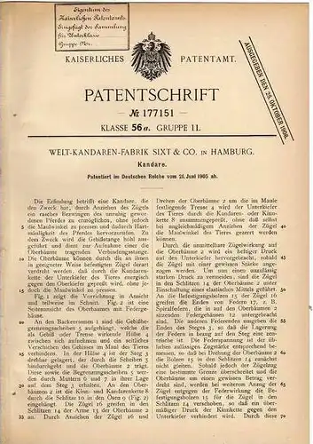 Original Patentschrift - Welt-Kandaren-Fabrik Sixt & Co in Hamburg , 1905 , Kandare für unruhige Pferde , Pferde !!!