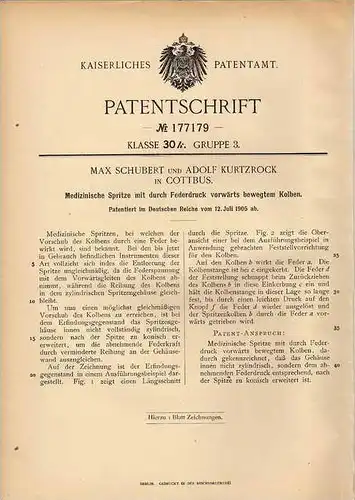 Original Patentschrift - M. Schubert in Cottbus , 1905 , Spritze , Medizin , Arzt !!!