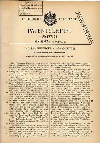 Original Patentschrift - A. Munnecke in Königslutter , 1905 , Verschlußhaken für Garbenbänder !!!