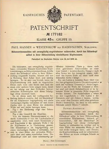 Original Patentschrift - P. Hansen in Westenskow b. Hadersleben , 1905 , Rübenerntemaschine , Ernte , Rüben , Agrar !!!