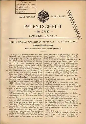 Original Patentschrift - Union Special - Fabrik GmbH in Stuttgart , 1904 , Nähmaschine , Näherei !!!