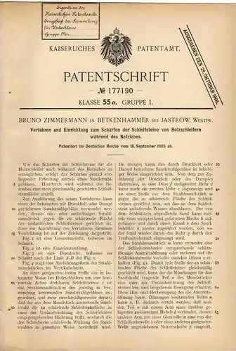 Original Patentschrift - B. Zimmermann in Betkenhammer b. Jastrow , 1905 , Schärfer für Schleifsteine !!!