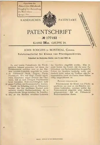 Original Patentschrift - J. Rodgers in Montreal , 1905 , Polster für Pferde , Pferd , Horse !!!