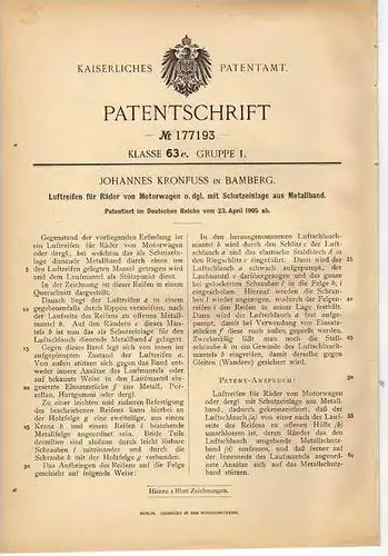 Original Patentschrift - J. Kronfuss in Bamberg , 1905 , Reifen für Räder von Motorwagen , Automobile !!!