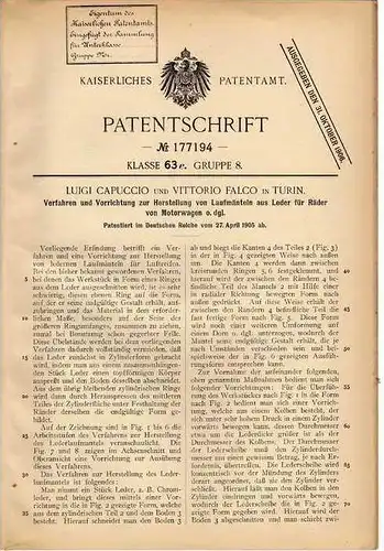 Original Patentschrift - V. Falco in Turin , 1905 , Herstellung von Reifen aus Leder !!!