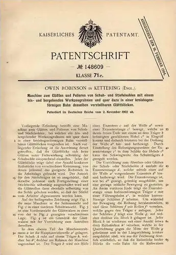 Original Patentschrift - O. Robinson in Kettering , 1902 , Maschine zum Polieren und Glätten für Schuhe und Stiefel !!!