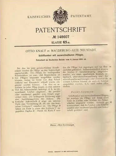Original Patentschrift - O. Knauf in Magdeburg - Alte Neustadt , 1903 ,  Anker für Schiffe mit wechselbaren Pflügen !!!
