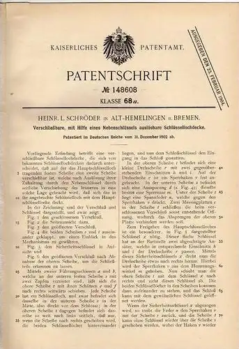 Original Patentschrift - H. Schröder in Alt Hemelingen b. Bremen , 1902 , verschließbares Schlüsselloch , Einbruch !!!