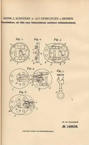 Original Patentschrift - H. Schröder in Alt Hemelingen b. Bremen , 1902 , verschließbares Schlüsselloch , Einbruch !!!