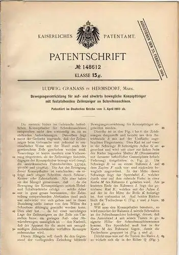 Original Patentschrift - L. Granass in Hermsdorf , 1903 , Träger mit Zeilenzeiger für Schreibmaschine  !!!!