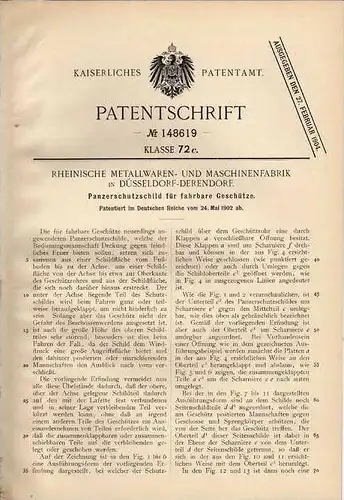 Original Patentschrift - Panzerschutzschild für Geschütze , 1902 , Rheinische Metallfabrik in Düsseldorf - Derendorf !!!