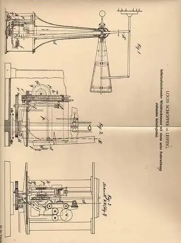 Original Patentschrift - selbstaufzeichnender Winddruckmesser , 1903 , L. Schopper in Leipzig , Wetter , Wetterstation !