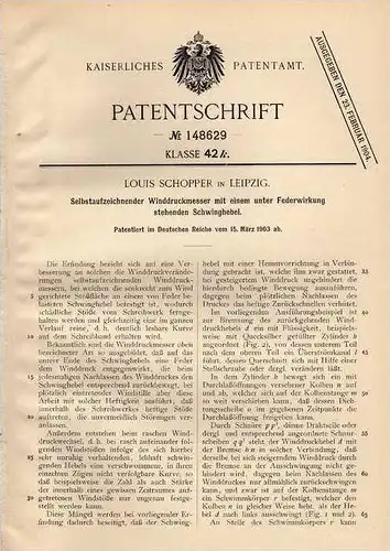 Original Patentschrift - selbstaufzeichnender Winddruckmesser , 1903 , L. Schopper in Leipzig , Wetter , Wetterstation !