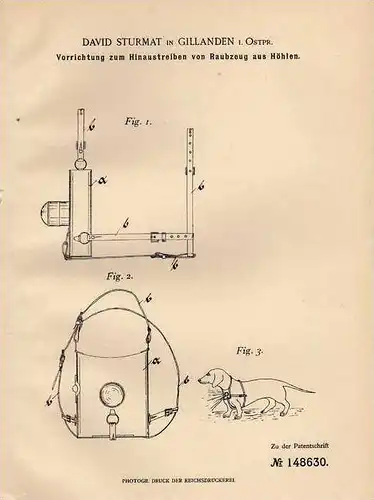 Original Patentschrift - D. Sturmat in Gillanden , 1903 , Vertreiben von Wild aus Höhlen , Jagd , Jäger !!!