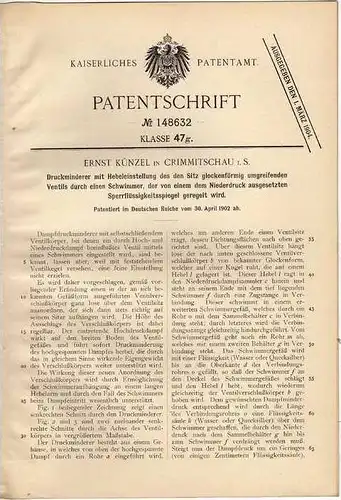 Original Patentschrift - E. Künzel in Crimmitschau i.S, 1902 , Druckminderer !!!