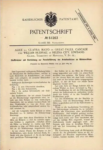 Original Patentschrift - A. Mayo in Great Falls und Helena City , 1889 , Stoffdrücker für Nähmaschine !!!