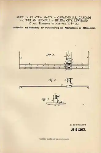 Original Patentschrift - A. Mayo in Great Falls und Helena City , 1889 , Stoffdrücker für Nähmaschine !!!