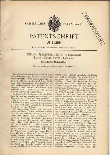 Original Patentschrift - W. Gilmer in Hillhead , 1889 , Nietmaschine für Schiffe und Brücken !!!