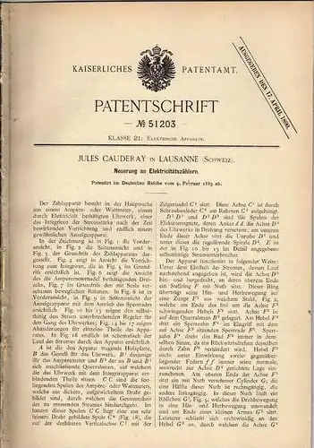 Original Patentschrift - J. Cauderay in Lausanne , 1889 , Stromzähler , Elektricitätszähler !!!