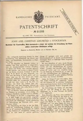 Original Patentschrift - Nachtvisier für Feuerwaffen , 1889 , J. Adelsköld in Stockholm , Pistole , Gewehr !!!