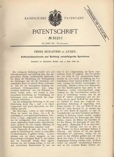 Original Patentschrift - P. Moraitinis in Athen , 1889 , selbstkassierende Sparkasse mit Quittung , Geld , Währung !!!