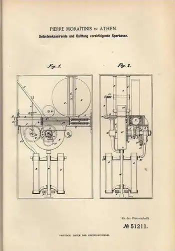 Original Patentschrift - P. Moraitinis in Athen , 1889 , selbstkassierende Sparkasse mit Quittung , Geld , Währung !!!