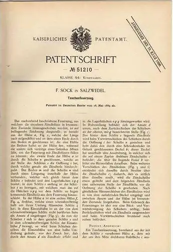 Original Patentschrift - F. Sock in Salzwedel , 1889 , Feuerzeug , Taschenfeuerzeug !!!