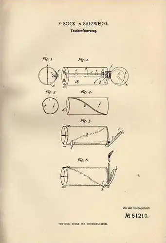 Original Patentschrift - F. Sock in Salzwedel , 1889 , Feuerzeug , Taschenfeuerzeug !!!