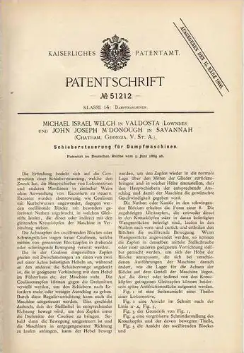 Original Patentschrift - M- Welch in Valdosta und Savannah , 1889 , Steuerung für Dampfmaschine !!!