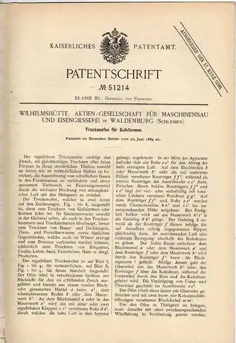 Original Patentschrift - Maschinenbau AG in Waldenburg , 1889 , Trockenofen für Gußformen !!!