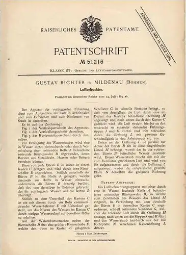 Original Patentschrift - G. Richter in Mildenau b. Raspenau , 1889 , Luftbefeuchter , Erfrischer !!!