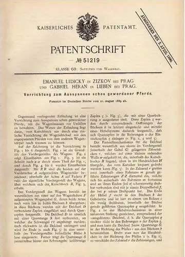 Original Patentschrift - G. Heran in Lieben , Zizkov b. Prag , 1889 , Ausspannapparat scheu gewordener Pferde , Pferd !!
