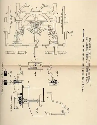 Original Patentschrift - G. Heran in Lieben , Zizkov b. Prag , 1889 , Ausspannapparat scheu gewordener Pferde , Pferd !!
