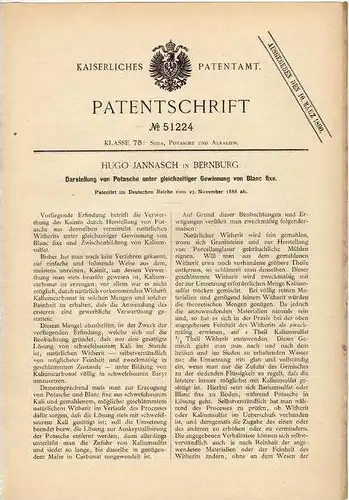 Original Patentschrift - H. Jannasch in Bernburg , 1888 , Darstellung von Potasche !!!