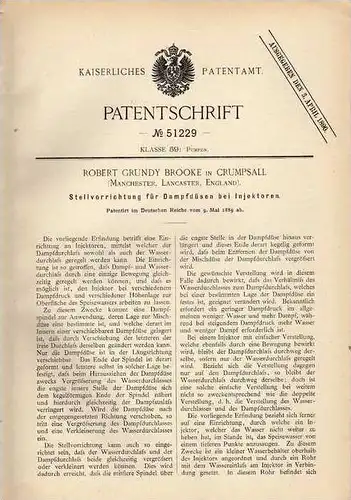 Original Patentschrift - R. Brooke in Crumpsall , 1889 , Dampfdüsen für Injektoren !!!