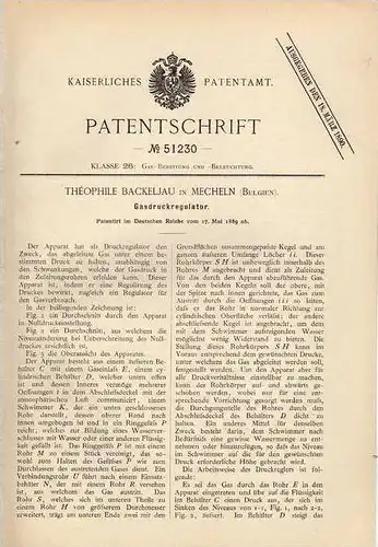Original Patentschrift - T. Backeljau in Mecheln , 1889 , Gasdruckregulator !!!
