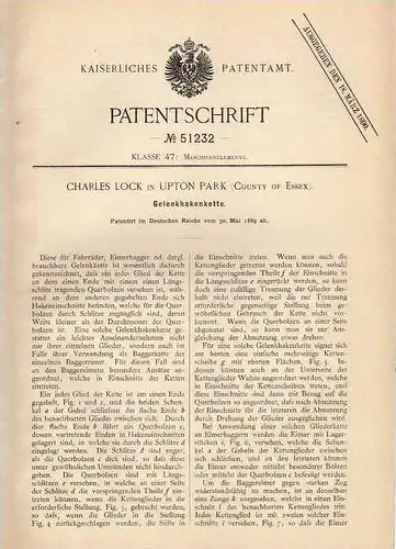 Original Patentschrift - Ch. Lock in Upton Park , 1889 , Gelenkhakenkette , Kette !!!