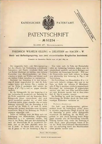 Original Patentschrift - F. Killing in Delstern b. Hagen i.W. , 1889 , Stell- und Befestigungsring für Maschinen !!!