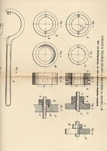 Original Patentschrift - F. Killing in Delstern b. Hagen i.W. , 1889 , Stell- und Befestigungsring für Maschinen !!!
