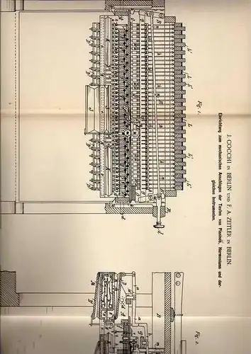 Original Patentschrift - F.A. Zeitler in Berlin , 1889 , Tasteneinrichtung für Pianino , Harmonium !!!