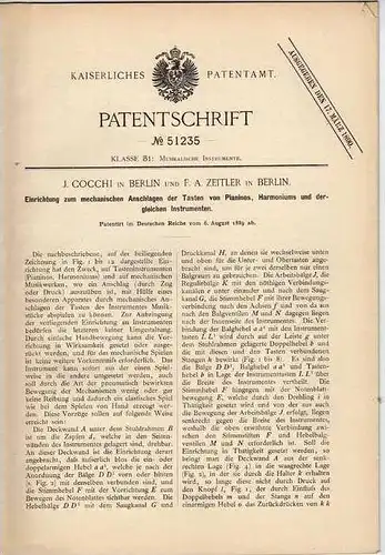 Original Patentschrift - F.A. Zeitler in Berlin , 1889 , Tasteneinrichtung für Pianino , Harmonium !!!