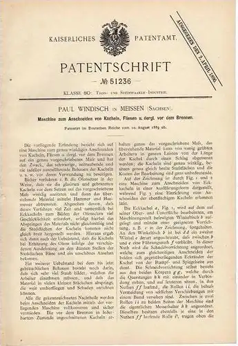 Original Patentschrift - P. Windisch in Meissen , 1889 , Maschine zum Schneiden von Fliesen und Kacheln  !!!