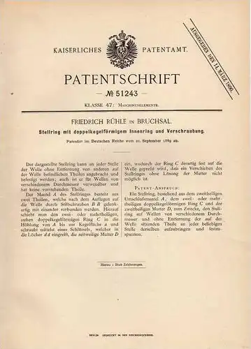 Original Patentschrift - F. Rühle in Bruchsal , 1889 , Stellring mit Innering und Verschraubung !!!