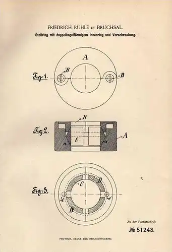 Original Patentschrift - F. Rühle in Bruchsal , 1889 , Stellring mit Innering und Verschraubung !!!