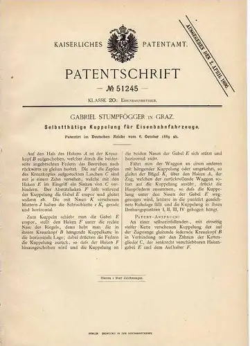 Original Patentschrift - G. Stumpfögger in Graz , 1889 , Kupplung für Eisenbahn !!!