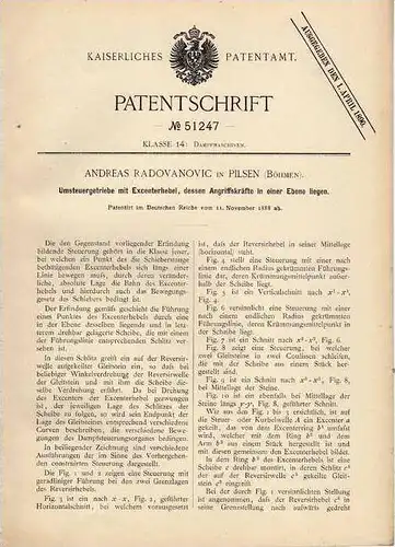 Original Patentschrift - A. Radovanovic in Pilsen , 1888 , Umsteuergetriebe mit Excenterhebel !!!