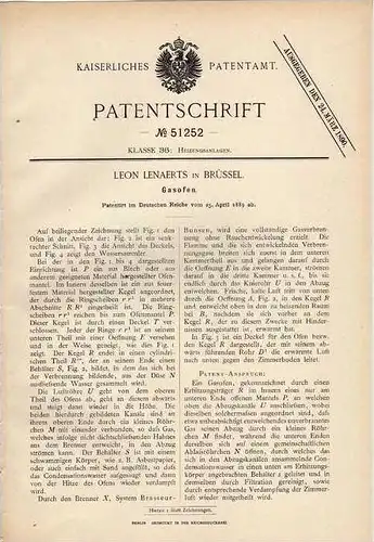 Original Patentschrift - L. Lenaerts in Brüssel , 1889 , Gasofen , Ofen , Heizung   !!!